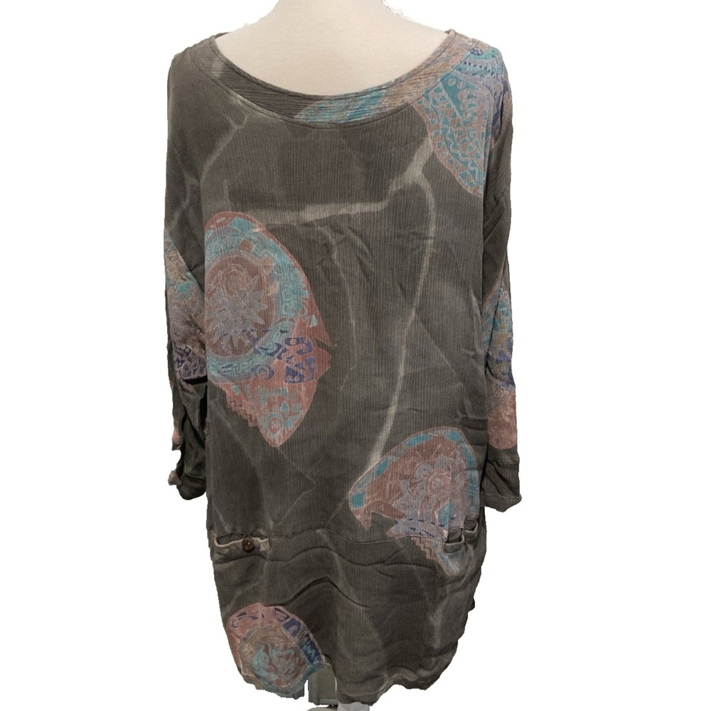 Vintage Tiempo Rayon Tribal Print Crinkle Dress Womens Brown Boho Festival‎ M/L